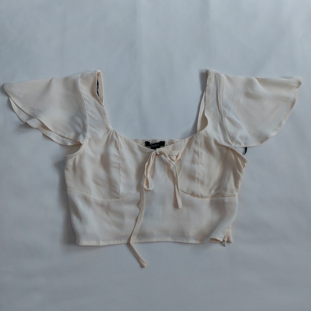 Forever 21 Cream Flutter Sleeve Smockedβ Waist Crop Top Size M